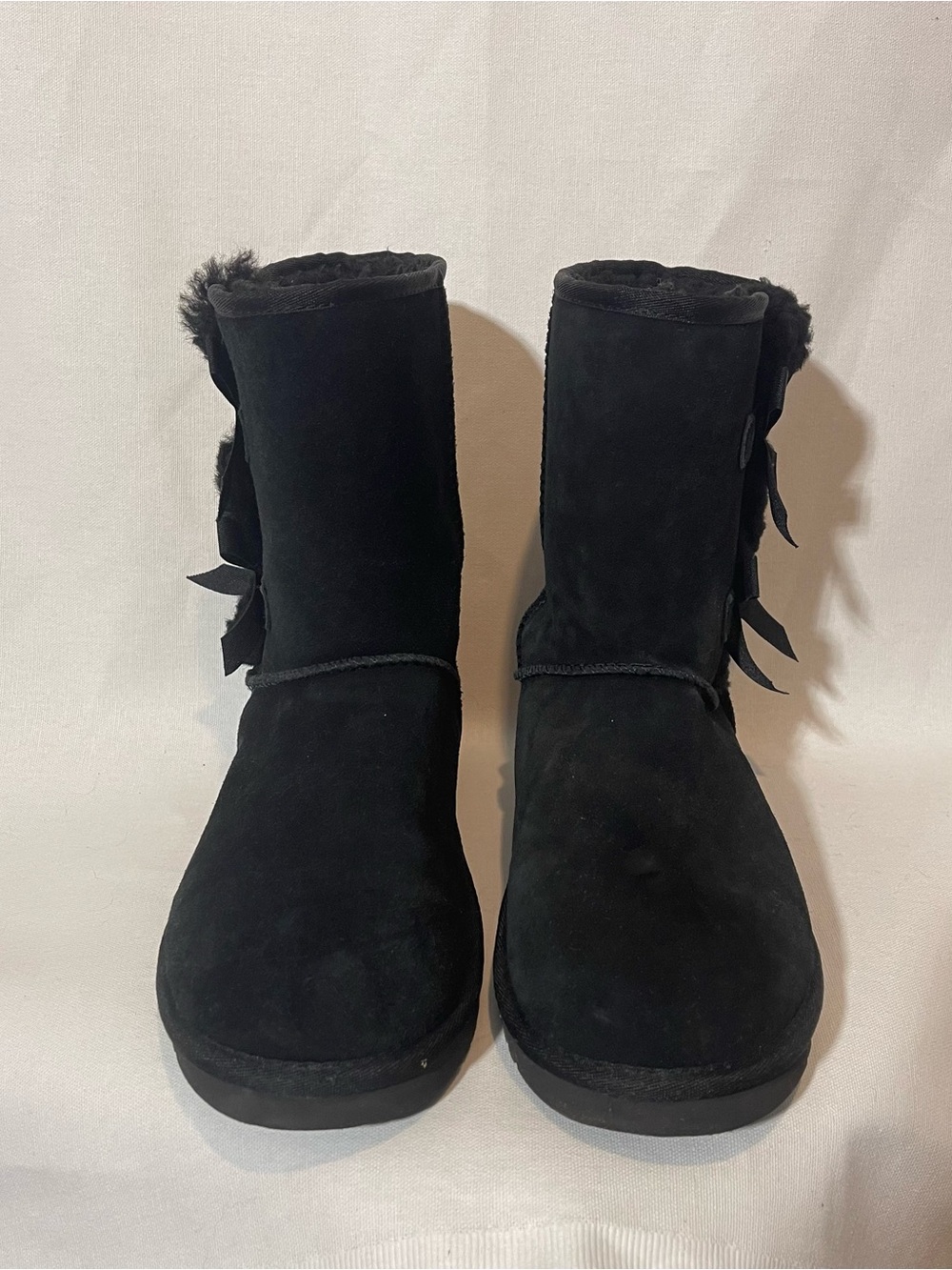 Koolaburra Victoria Short Black Suede Mid-Calf Boots with Bow Accents